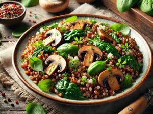 Jelo od heljde sa gljivama i spanaćem, servirano na drvenom stolu, ukrašeno svežim začinima